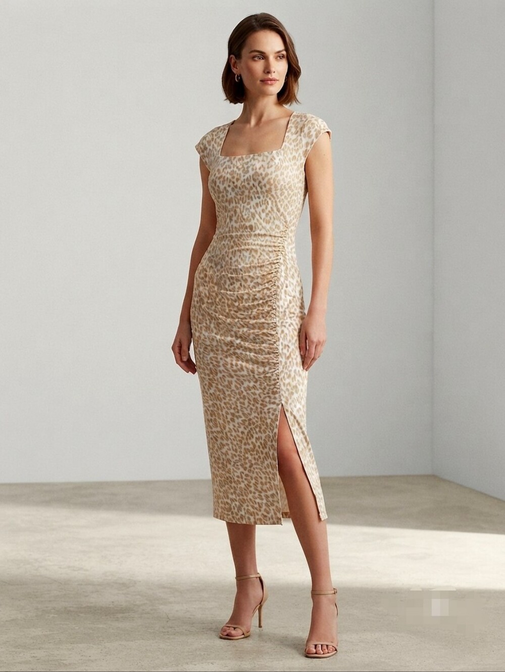 Michael Kors Beige Leopard Print Ruched Dress size M